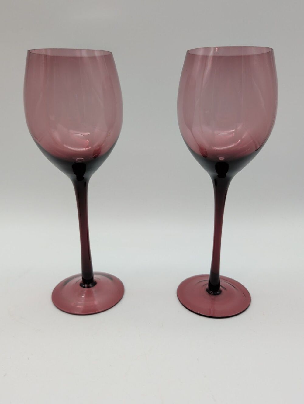 2 Vtg Krosno Poland Amethyst Wine Glasses 8.5" Purple Plum Hand Blown